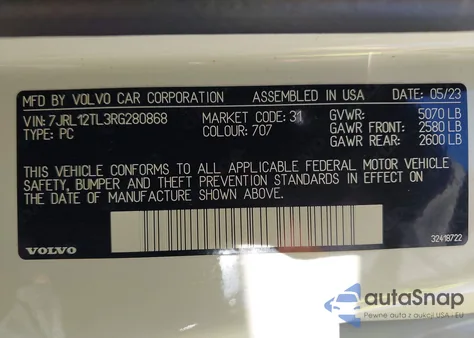 2024 Volvo S60 B5 Plus Dark Theme z USA, uszkodzony, nr VIN 7JRL12TL3RG280868